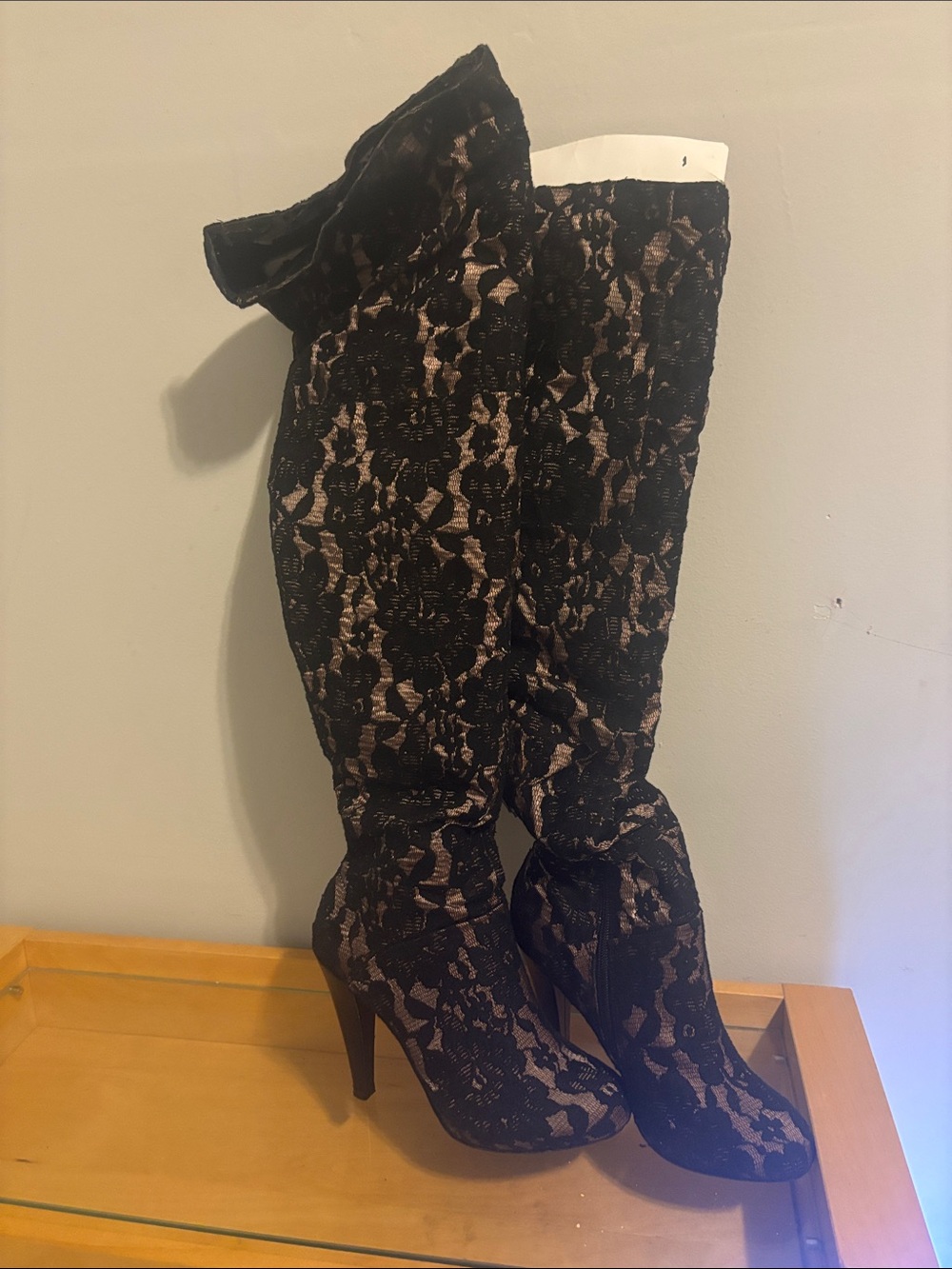 Colin Stuart Black Lace Over-the-Knee High Heel Boots with Nude Underlay